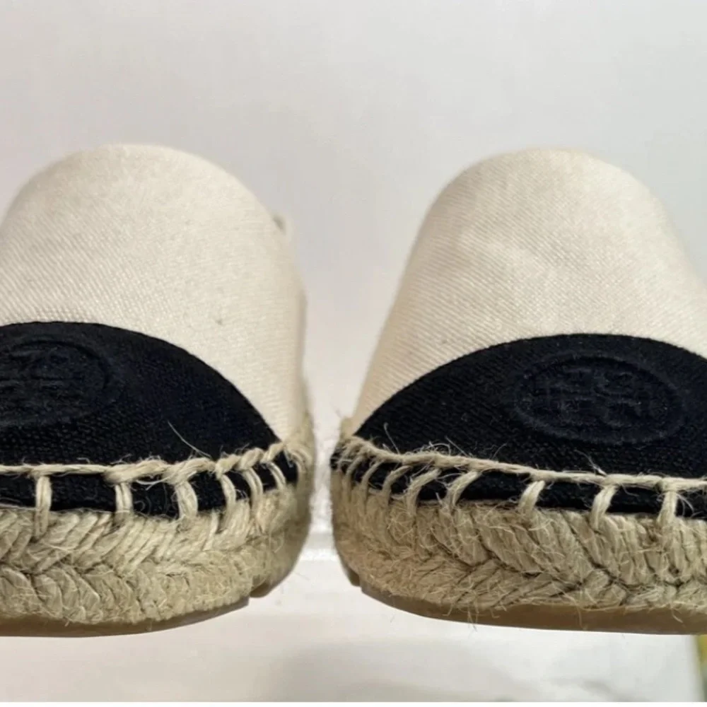 Tory Burch Logo Shoes Womens Size 8 Beige Black Espadrilles Toe Canvas Slip On
